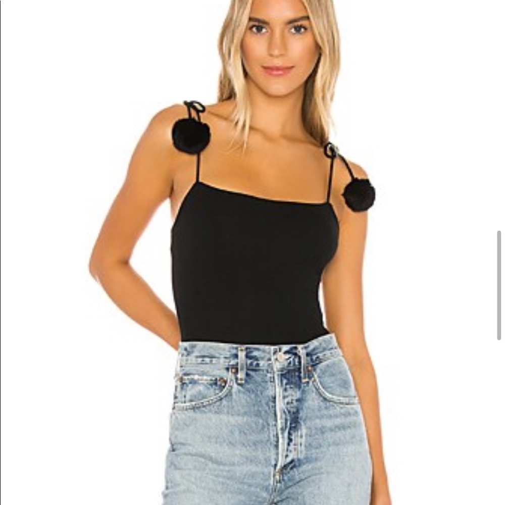 Superdown black bodysuit with Pom Pom tie traps.
